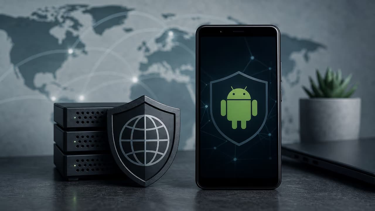 Смартфон с защитным значком Android на фоне сетевой схемы и серверов.
