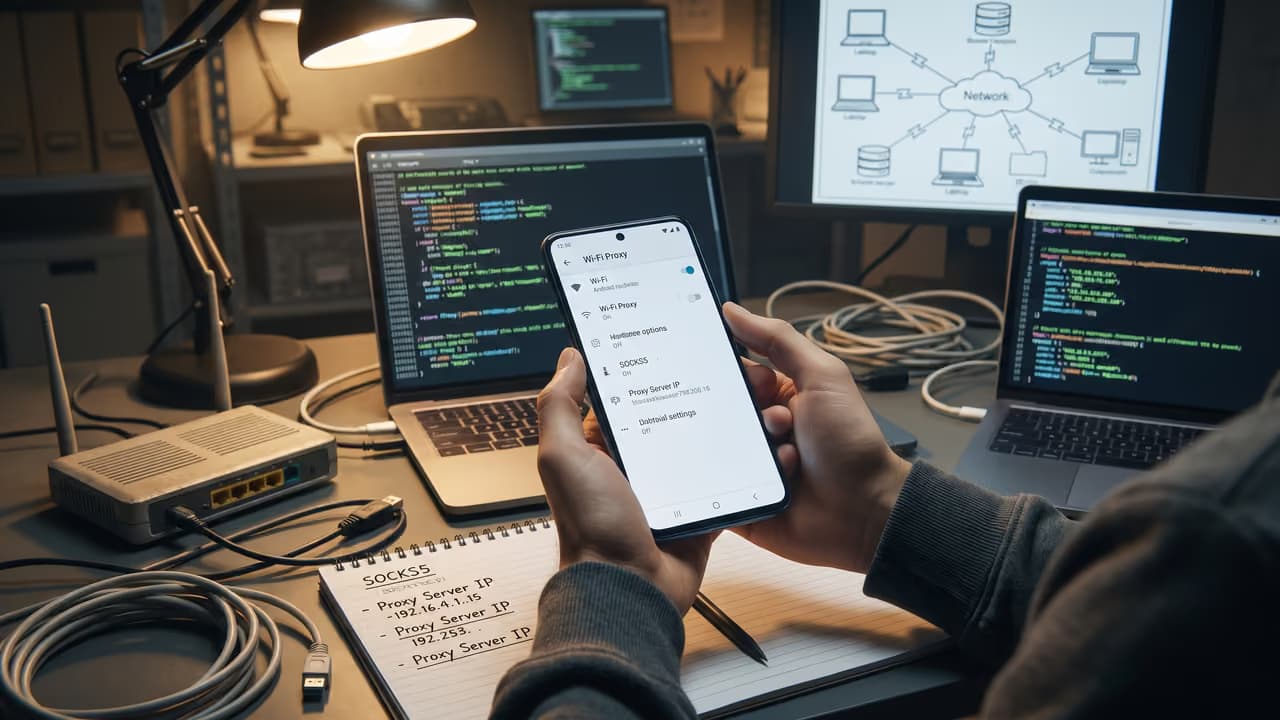 Человек держит смартфон с настройками Wi-Fi-прокси на фоне компьютера и записной книжки.