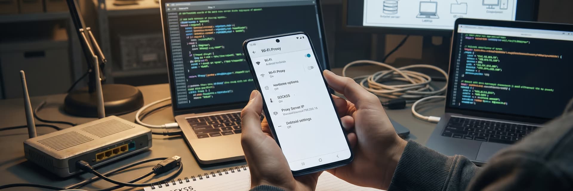 Человек держит смартфон с настройками Wi-Fi-прокси на фоне компьютера и записной книжки.