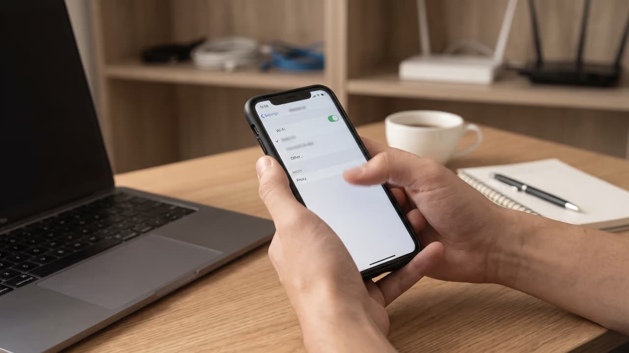 Человек настраивает Wi-Fi и прокси на смартфоне, сидя за столом с ноутбуком и чашкой кофе.