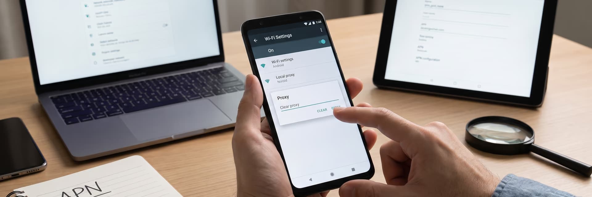 Пользователь настраивает прокси-сервер на смартфоне рядом с ноутбуком и планшетом.