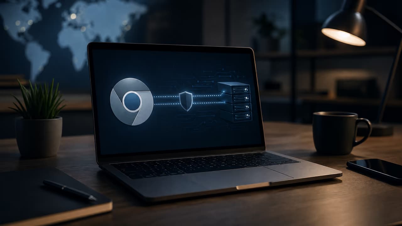 Лэптоп показывает соединение браузера Chrome с защищёнными серверами.