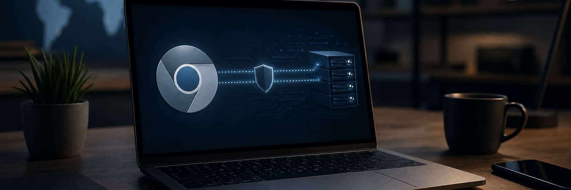 Лэптоп показывает соединение браузера Chrome с защищёнными серверами.