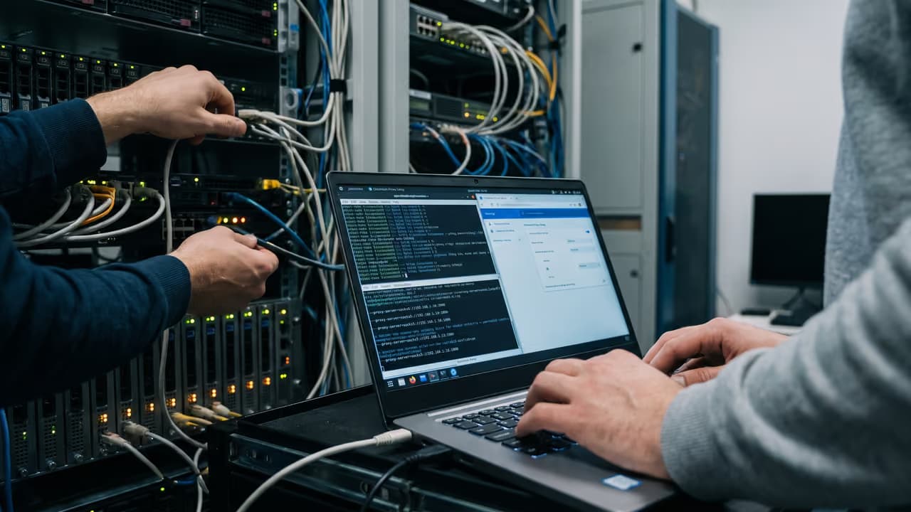 Два человека настраивают сетевое оборудование и работают с компьютером в серверной комнате.