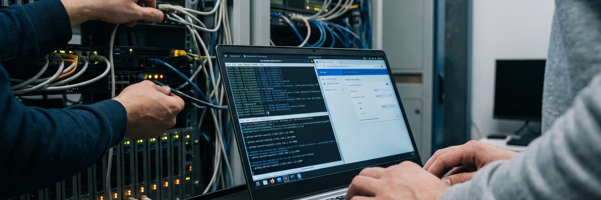 Два человека настраивают сетевое оборудование и работают с компьютером в серверной комнате.