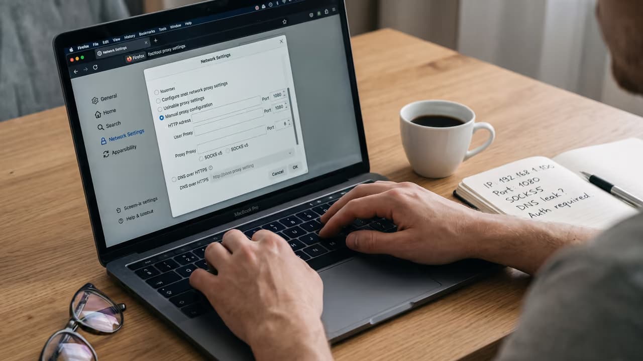 Настройки прокси-сервера на экране MacBook с ручной конфигурацией и чашкой кофе рядом.