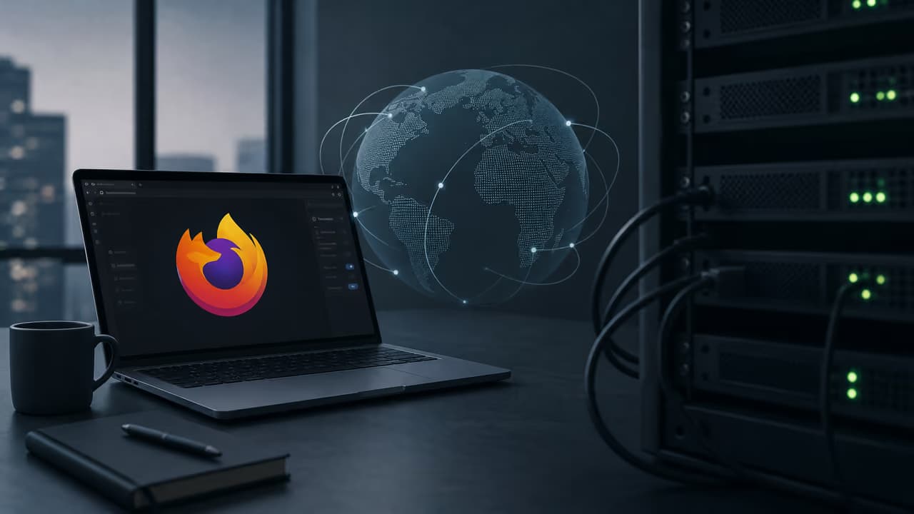 Ноутбук с логотипом Firefox на фоне глобуса и соединений в темной комнате.