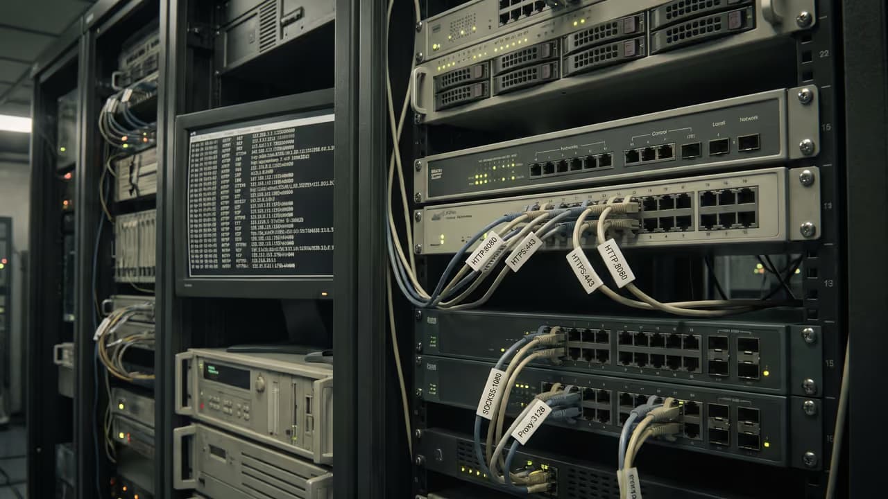 Серверный сто rack с сетевыми переключателями и кабелями, подключенными к различным устройствам.