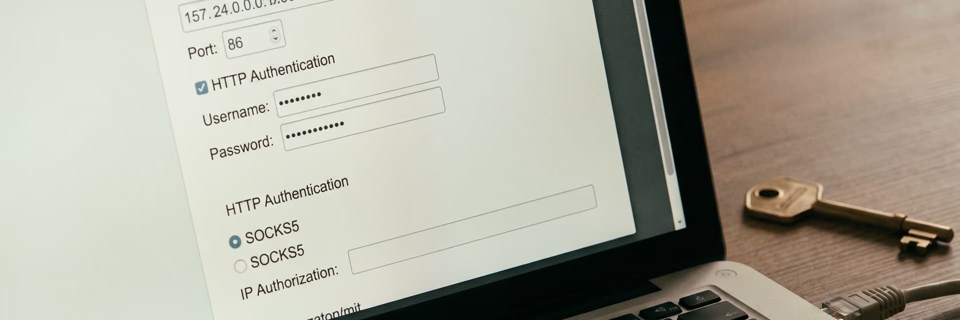 Настройки прокси-сервера с полями для ввода IP-адреса и аутентификации.
