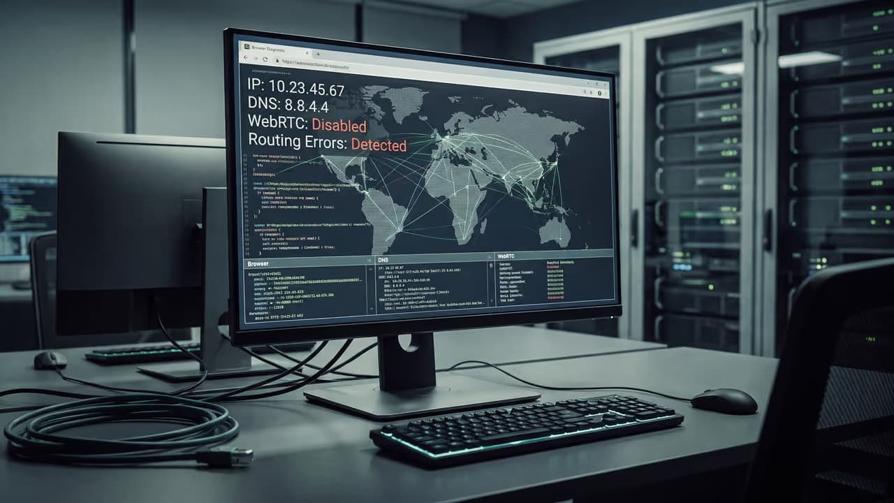 Монитор с отображением сетевой информации, включая IP, DNS и ошибки маршрутизации.