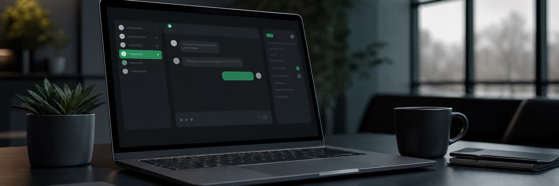 Ноутбук с темной темой интерфейса мессенджера на столе рядом с чашкой кофе.