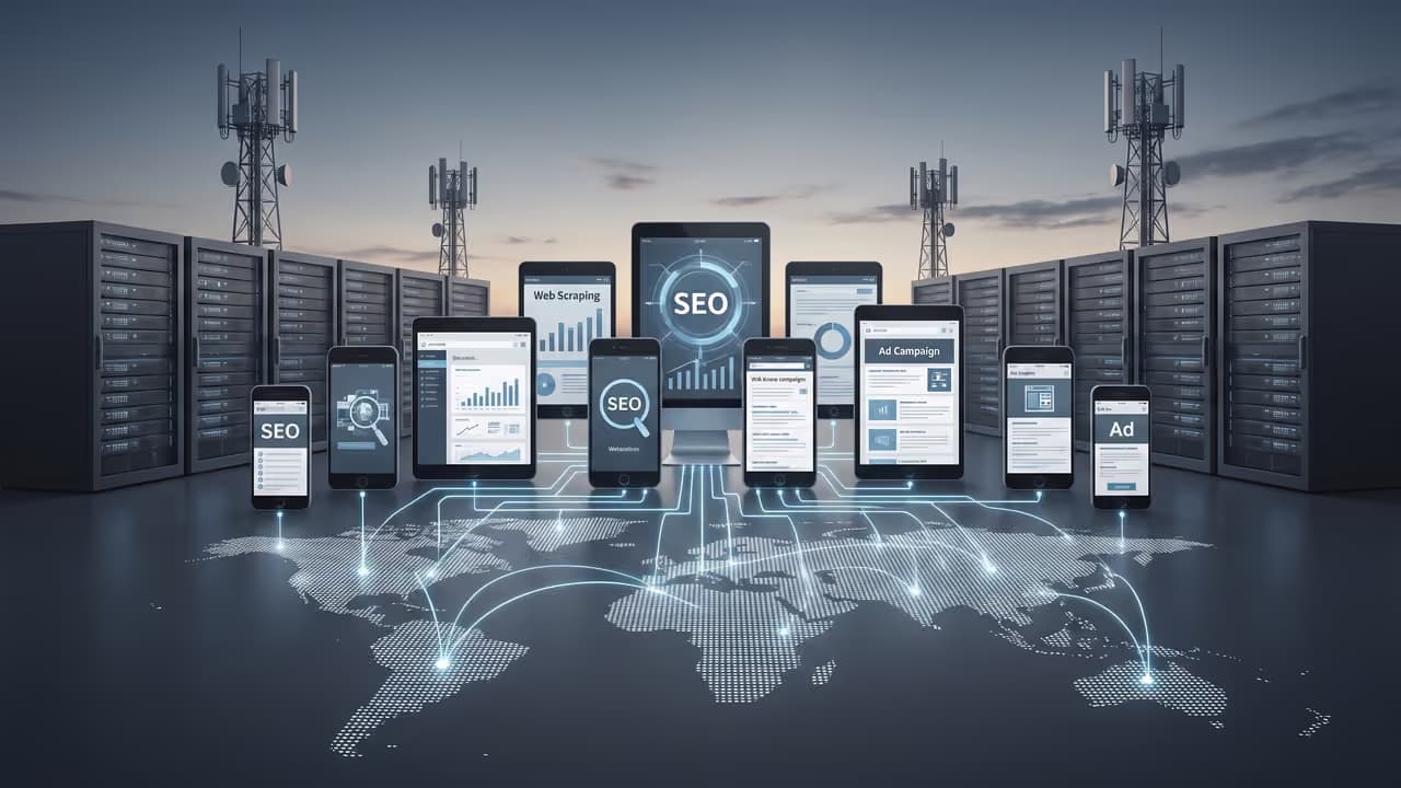 Дисплеи различных устройств показывают данные по SEO и интернет-маркетингу на фоне серверов и радиовышек.