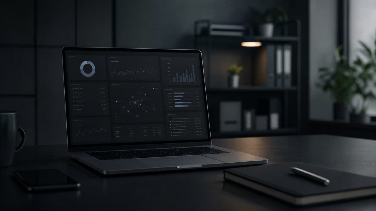 Ноутбук с интерфейсом аналитической панели на темном фоне и офисным пространством.