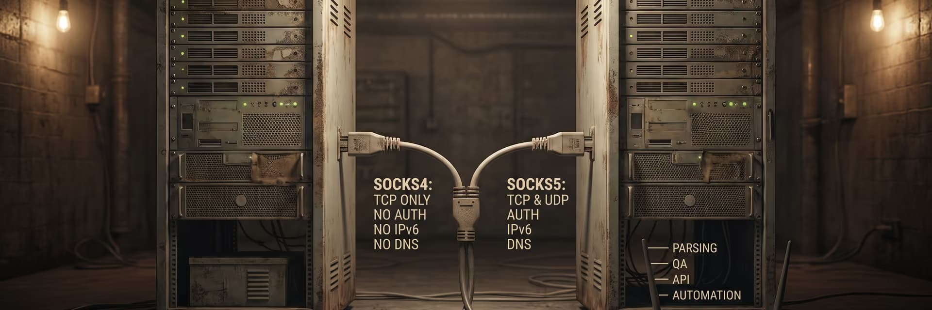 Два сервера с подключениями, описанием протоколов SOCKS4 и SOCKS5 и кабелем между ними.