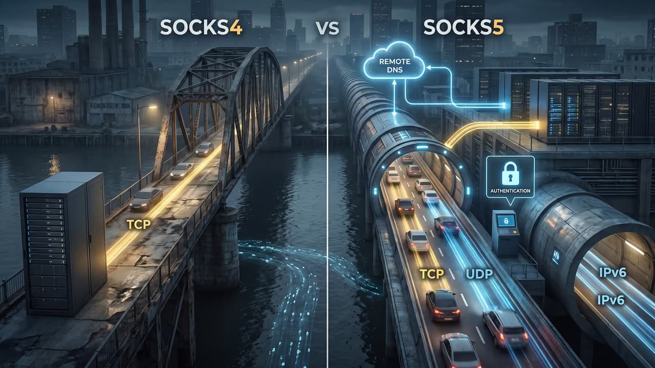 Сравнение SOCKS4 и SOCKS5, показывающее различия в протоколах передачи данных.