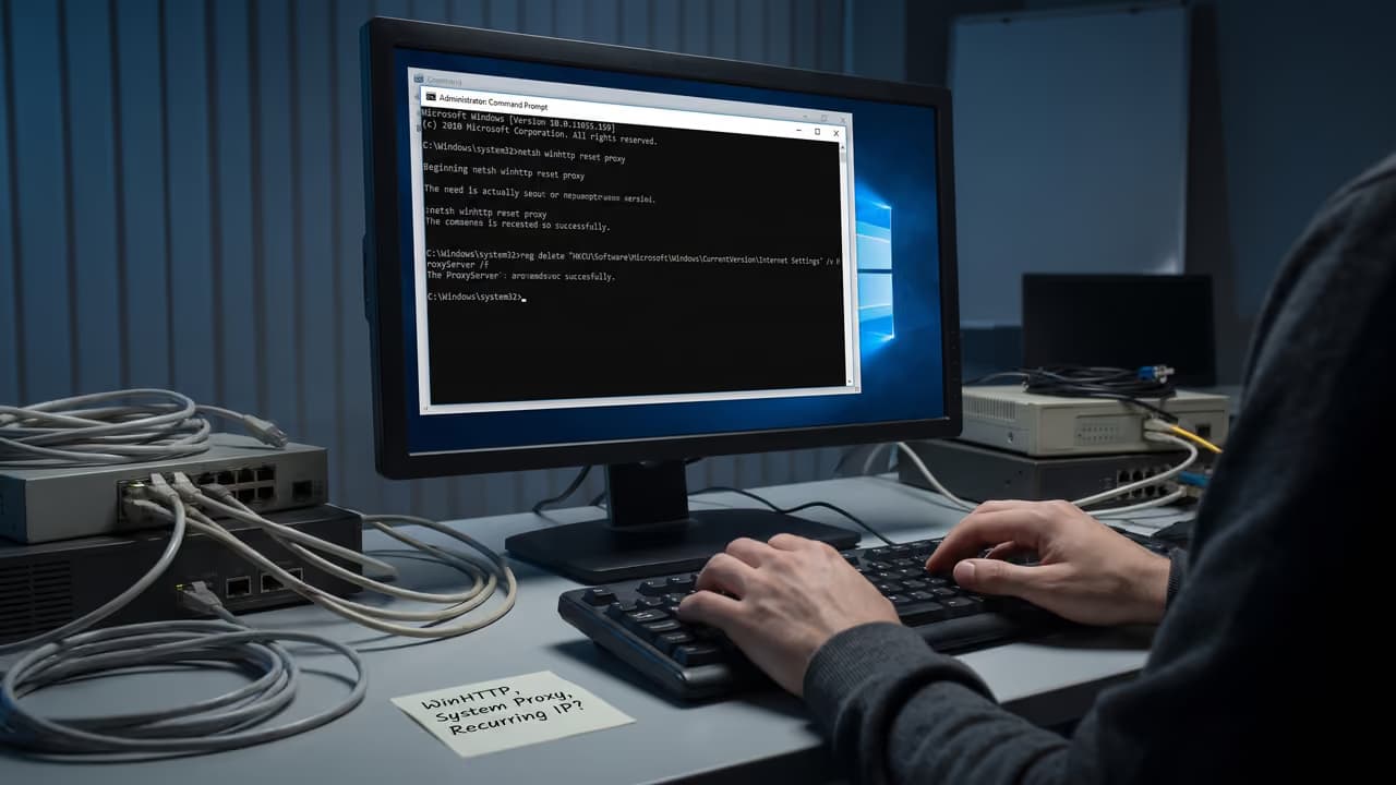 Экран с командной строкой Windows и процессом настройки прокси-сервера.