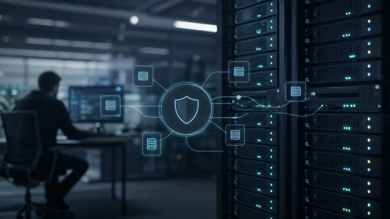 Серверная комната с визуализацией системы безопасности и сетевых данных.