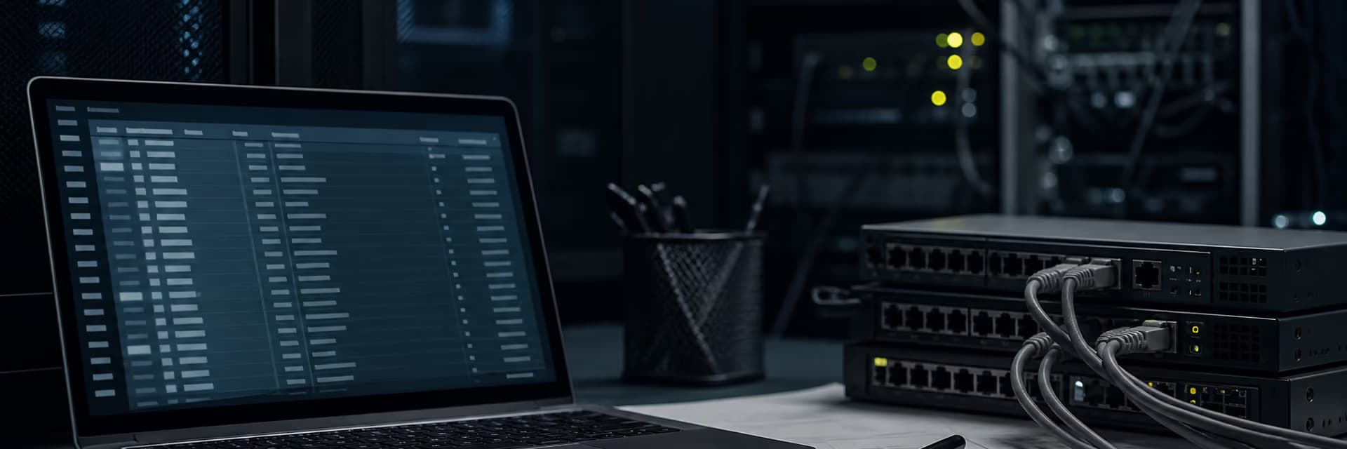 Ноутбук с открытой таблицей и свичи на фоне серверного оборудования в тёмном помещении.