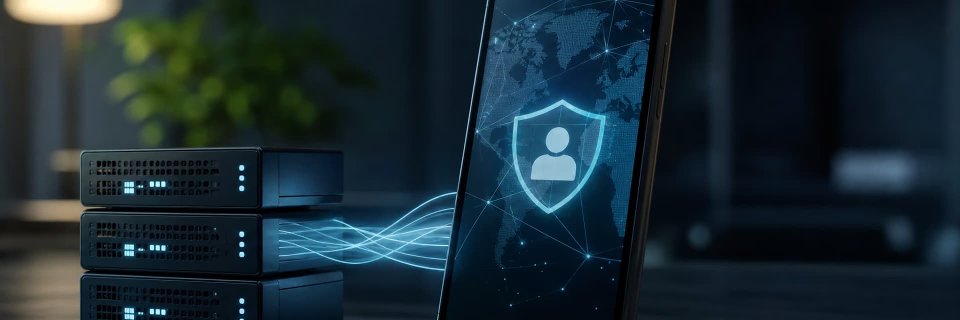Смартфон с изображением защитного щита и глобальной карты, рядом с серверами.