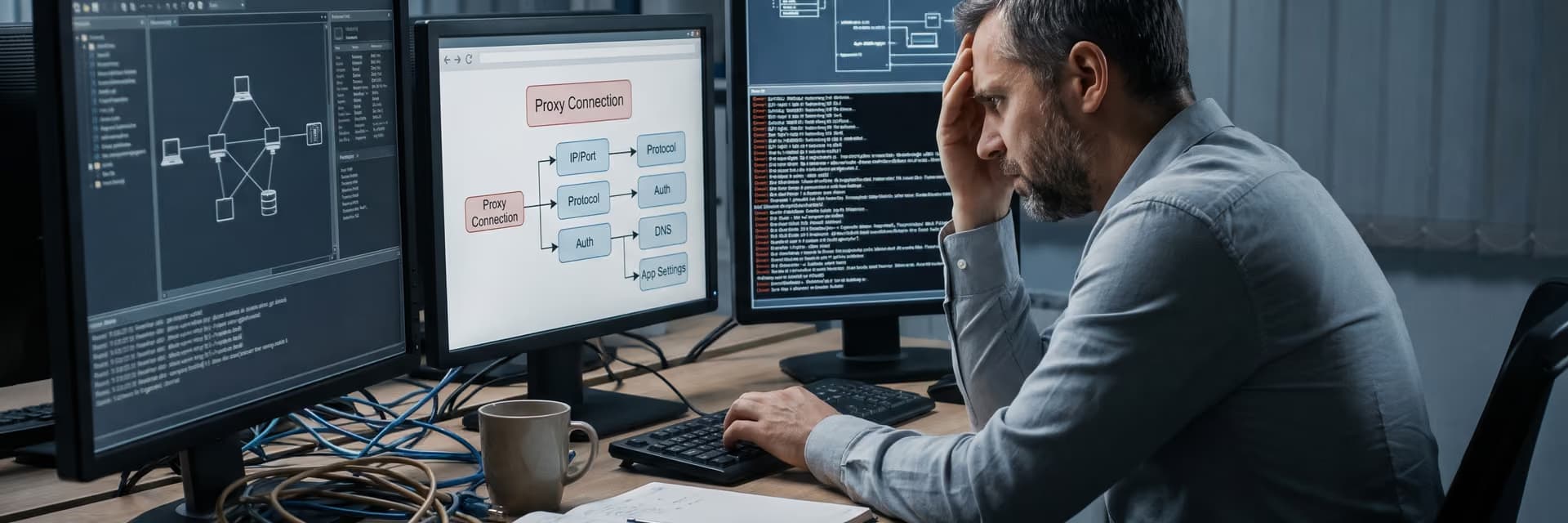 Мужчина работает за компьютером с несколькими экранами, изучая схему прокси-соединения.