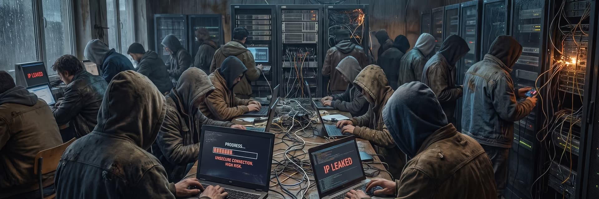 Группа людей в капюшонах работает за компьютерами в помещении с серверами и вывеской "PUBLIC PROXY SERVER".