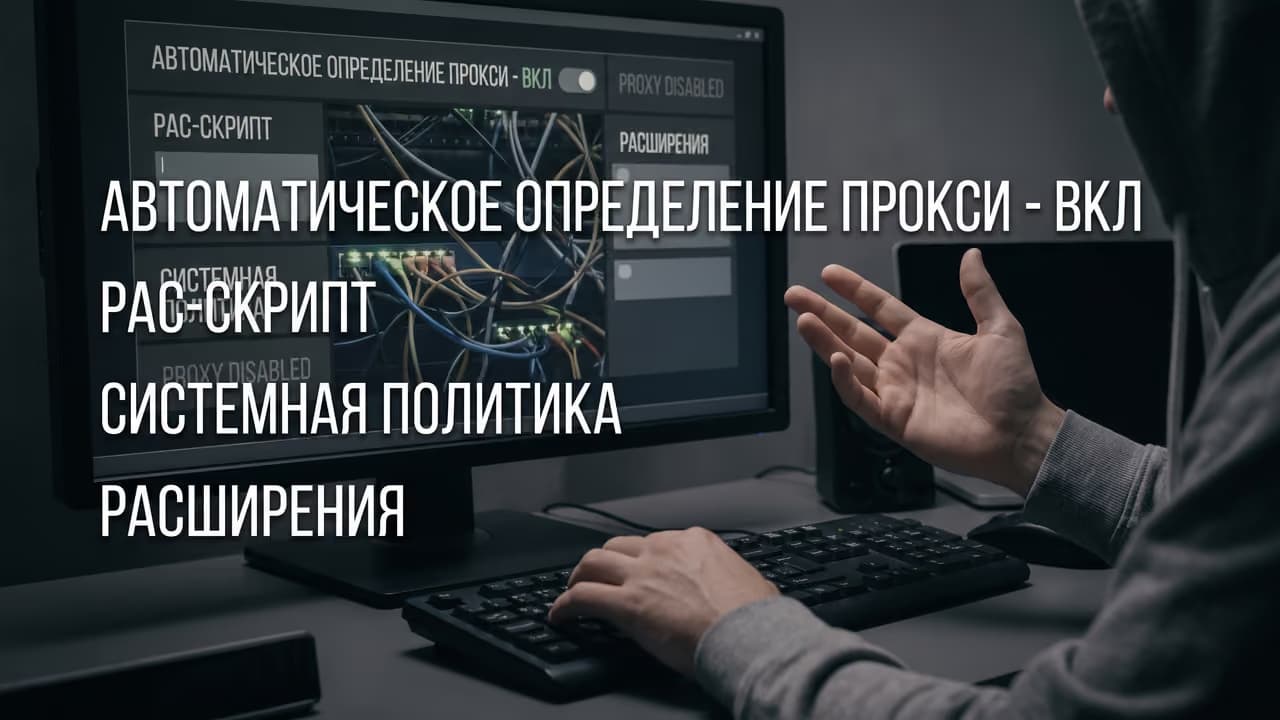 Экран с настройками прокси и человек, демонстрирующий управление через интерфейс компьютера.
