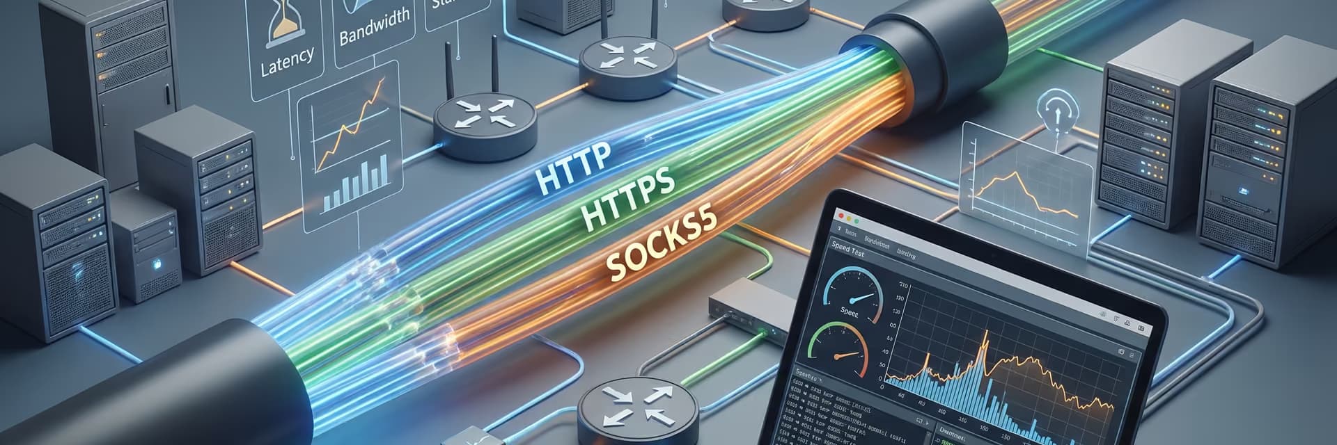 Схема подключения с протоколами HTTP, HTTPS и SOCKS5, рядом с ноутбуком с графиками производительности.