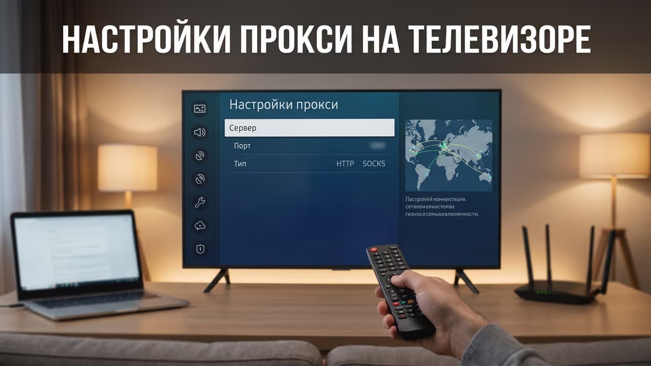 Настройки прокси на телевизоре с открытым меню и пультом дистанционного управления.