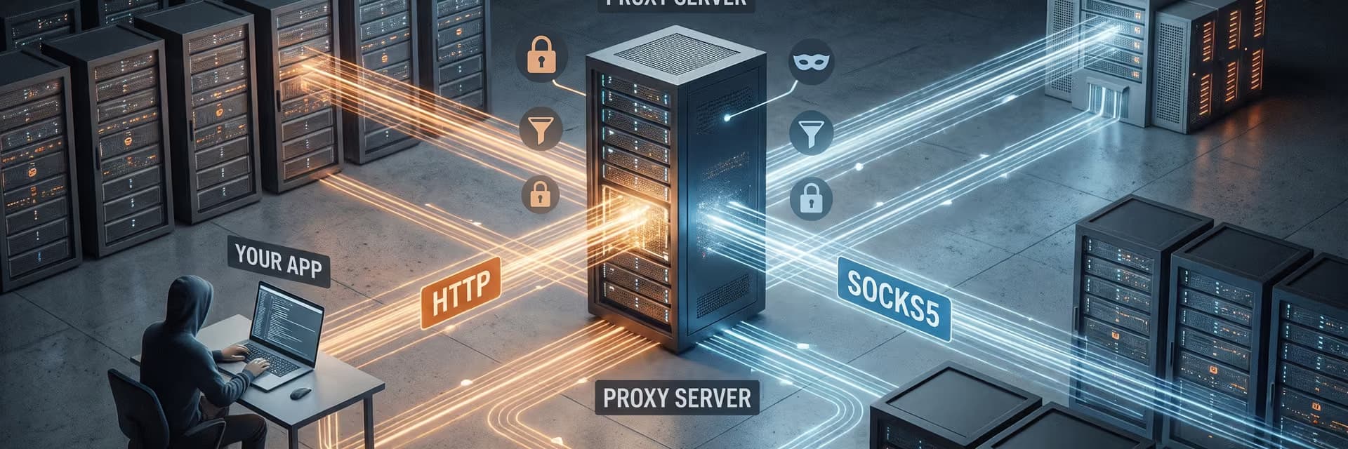 Схема работы прокси-серверов с обозначениями HTTP и SOCKS5, соединяющая устройства и серверы.