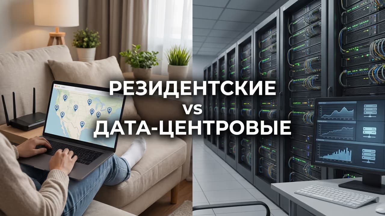 Сравнение резидентских и дата-центровых прокси с изображением домашнего офиса и серверной.
