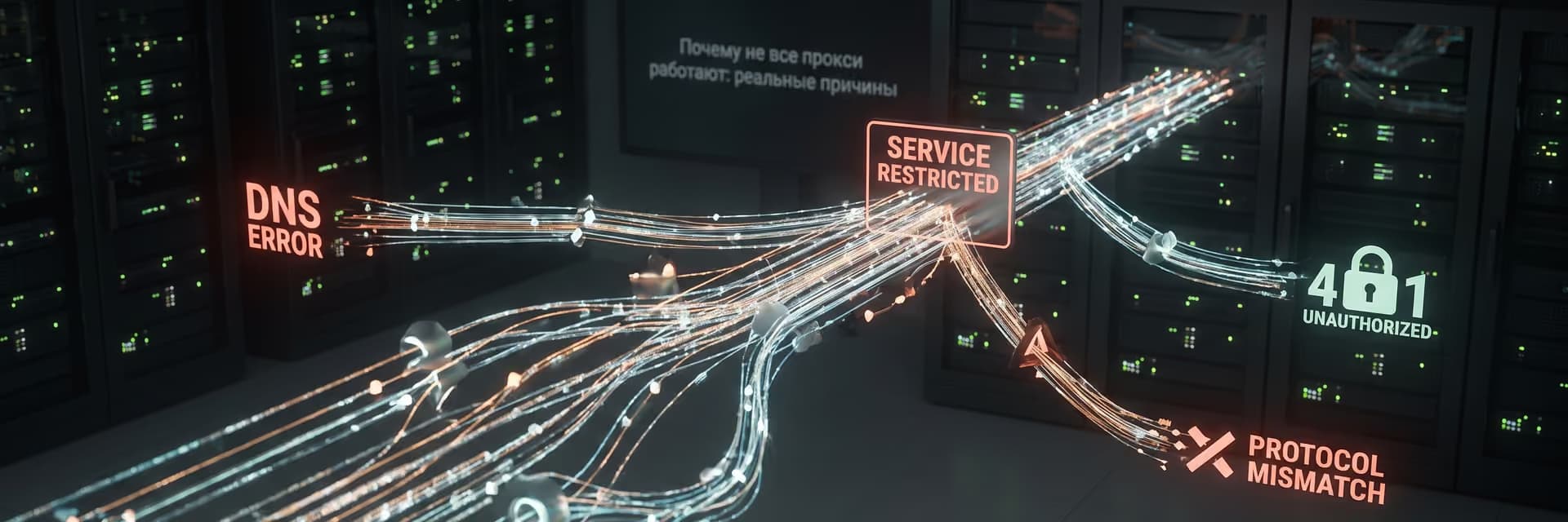 Сеть с множеством узлов и надписью "SERVICE RESTRICTED" на фоне серверов.