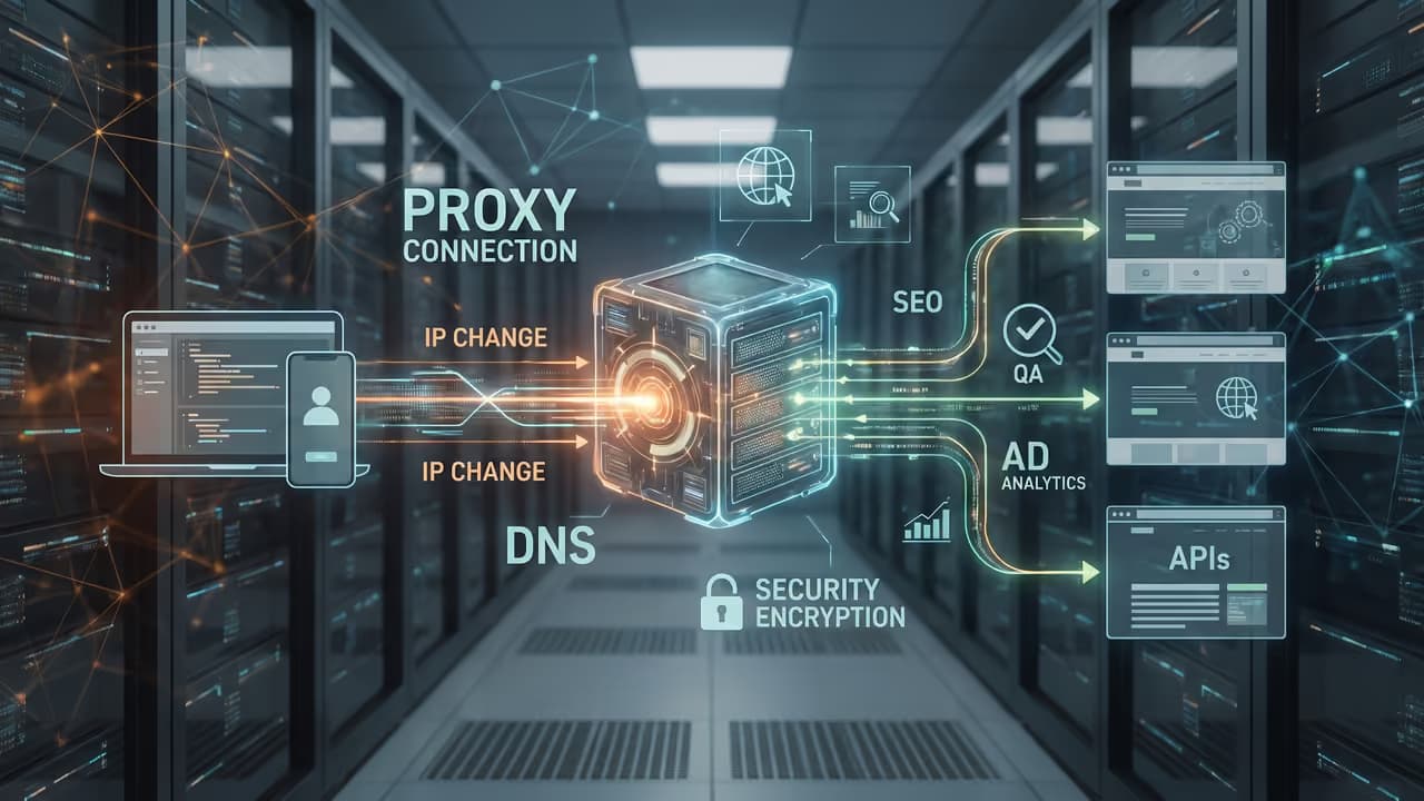 Схема работы прокси-сервера с изменением IP, DNS и безопасным шифрованием.