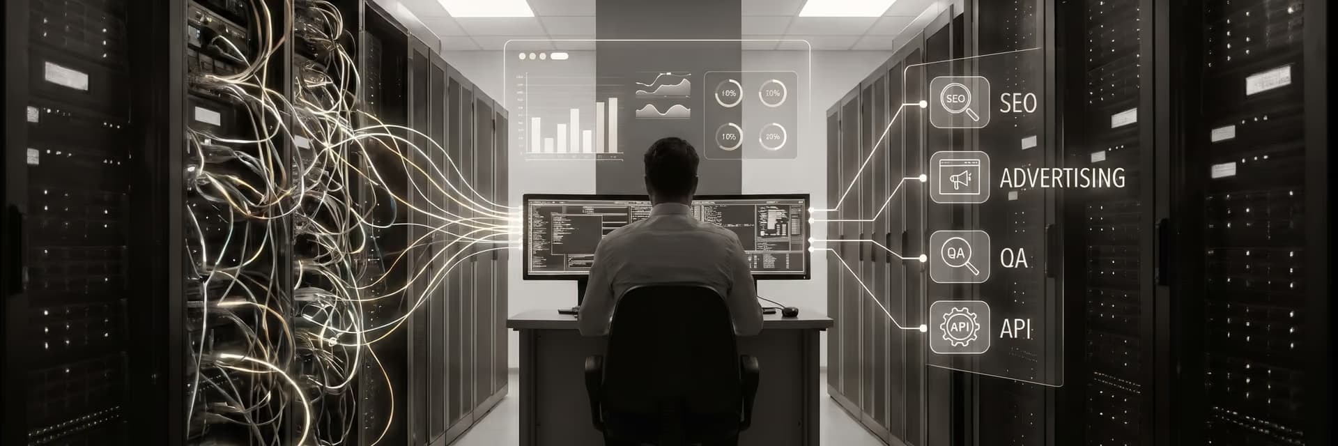 Человек за столом в серверной комнате работает с данными на компьютере и монитором.