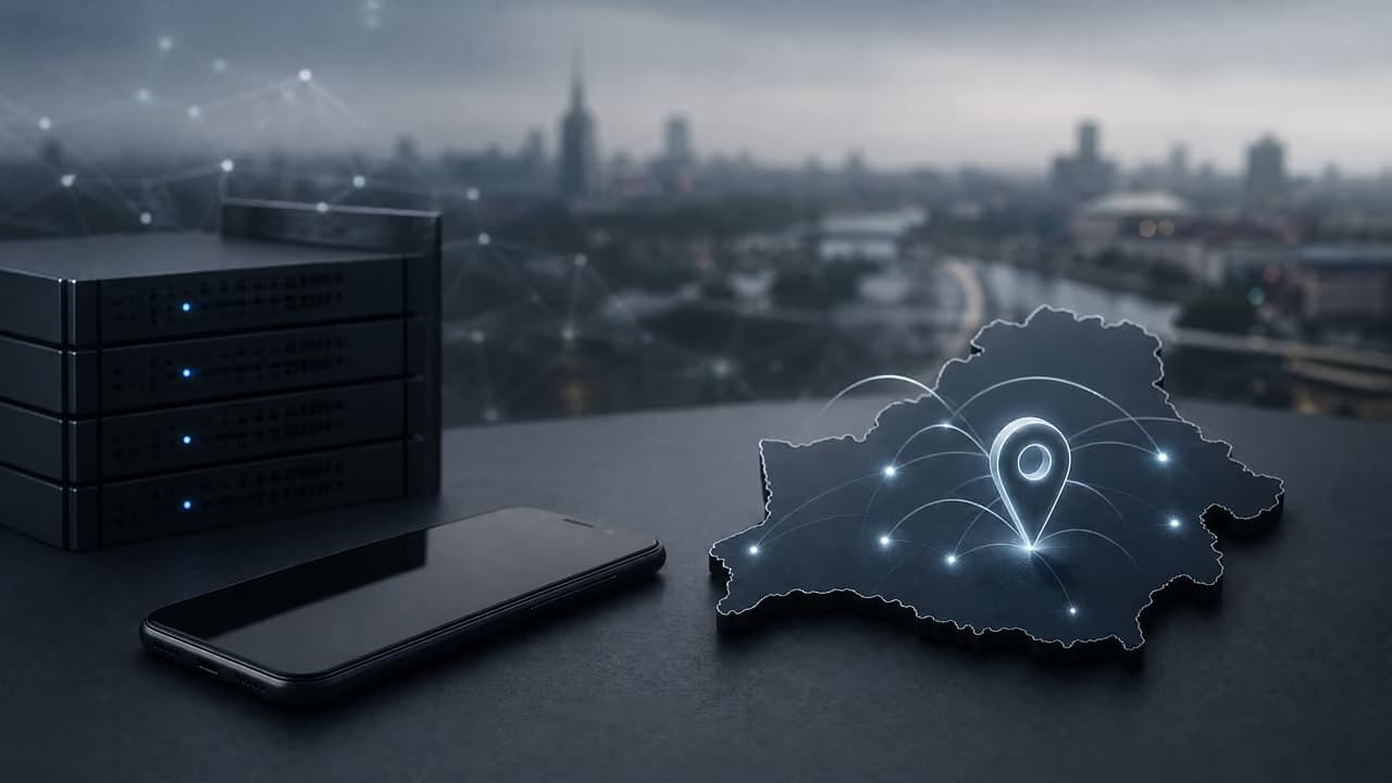 Схематическая карта с обозначением местоположения и соединениями, рядом смартфон и элементы связи.
