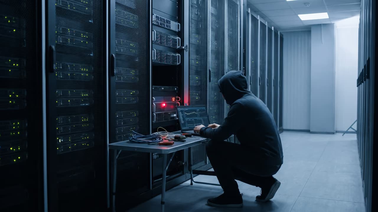 Человек в капюшоне работает за ноутбуком в серверной, окружённый серверными стойками.