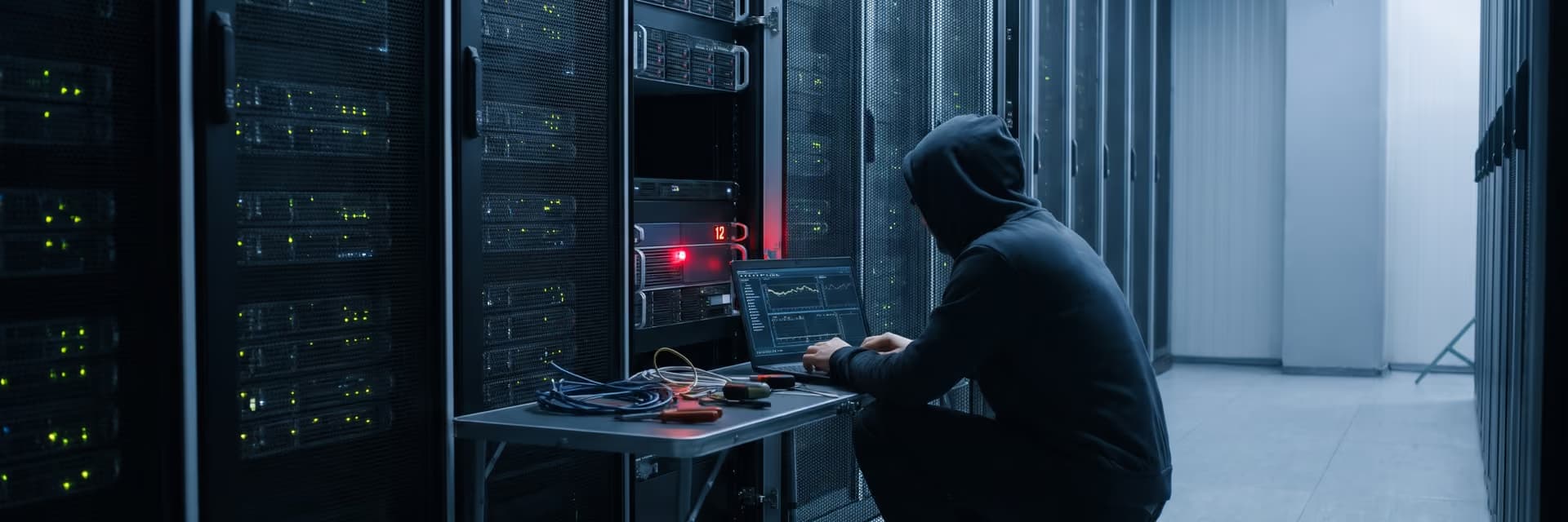 Человек в капюшоне работает за ноутбуком в серверной, окружённый серверными стойками.