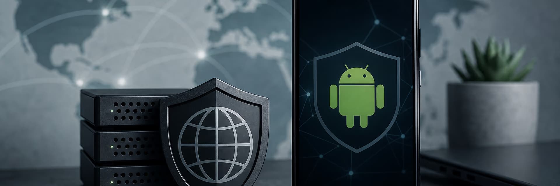 Смартфон с защитным значком Android на фоне сетевой схемы и серверов.