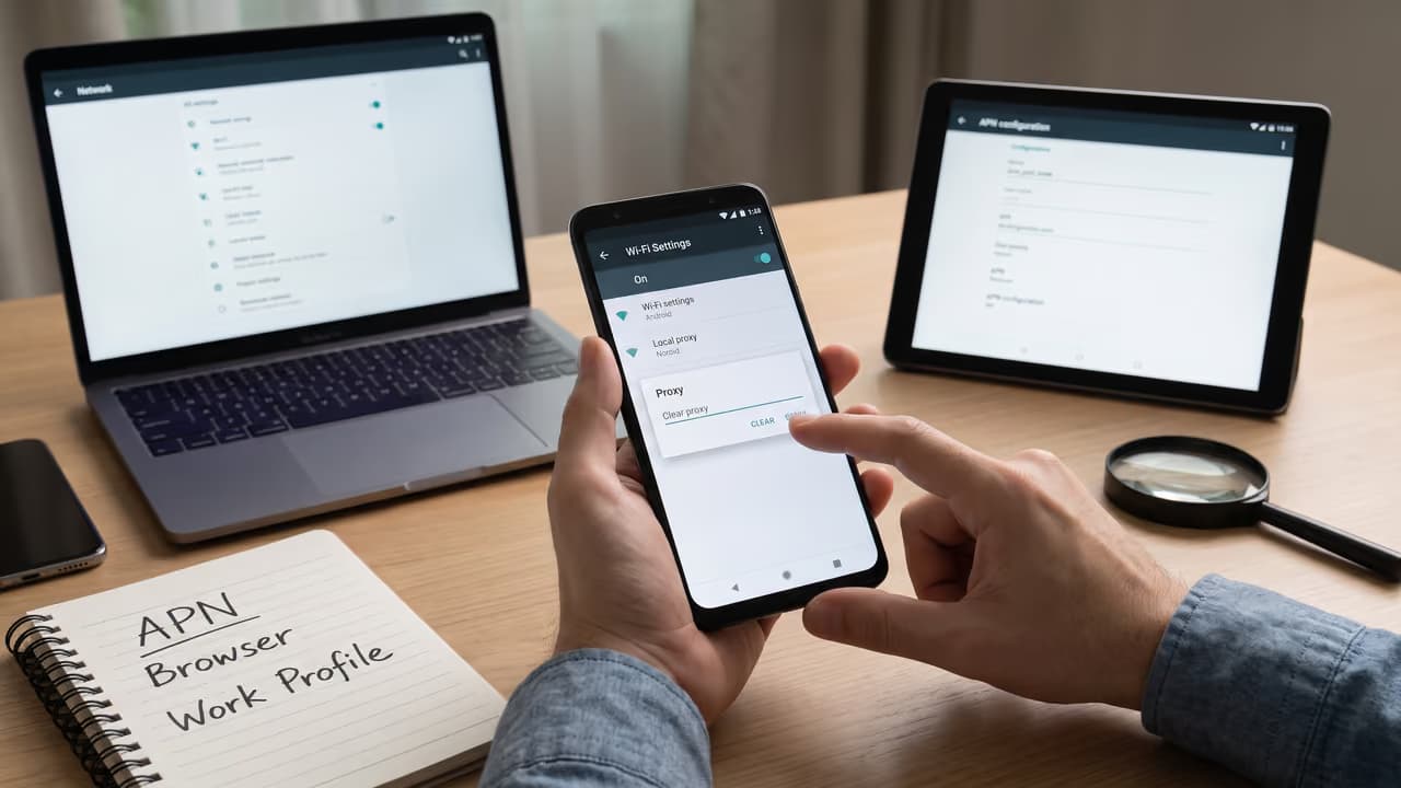 Пользователь настраивает прокси-сервер на смартфоне рядом с ноутбуком и планшетом.