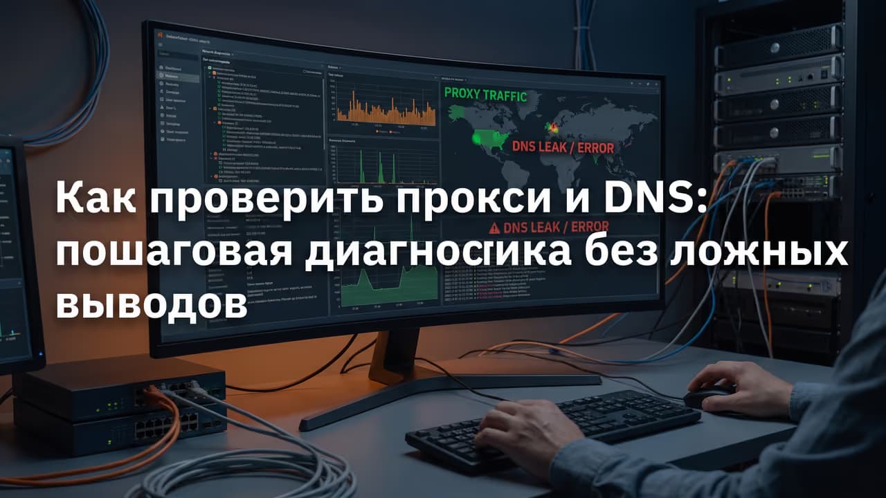 Монитор с графиками и надписями, связанными с проверкой прокси и диагностикой DNS.