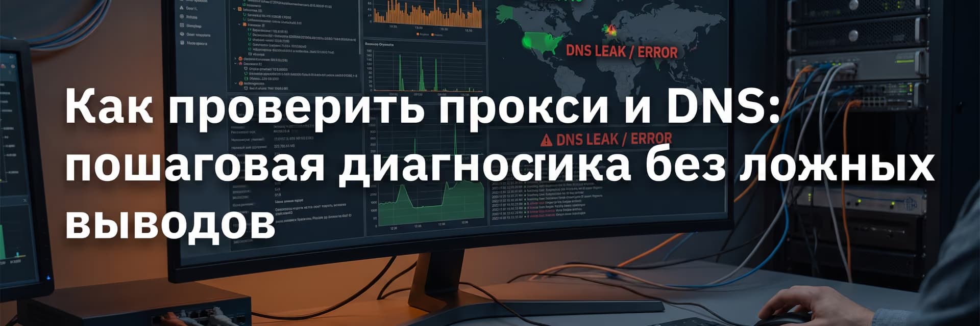 Монитор с графиками и надписями, связанными с проверкой прокси и диагностикой DNS.