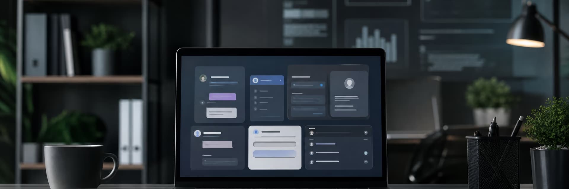 Экран ноутбука с интерфейсом приложения и графиками на заднем плане.