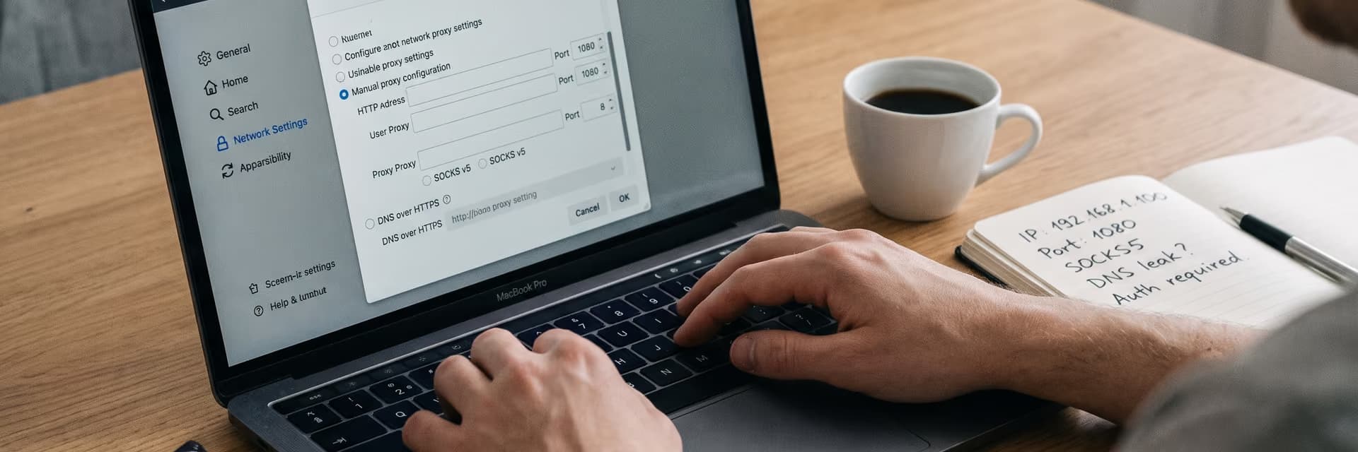 Настройки прокси-сервера на экране MacBook с ручной конфигурацией и чашкой кофе рядом.