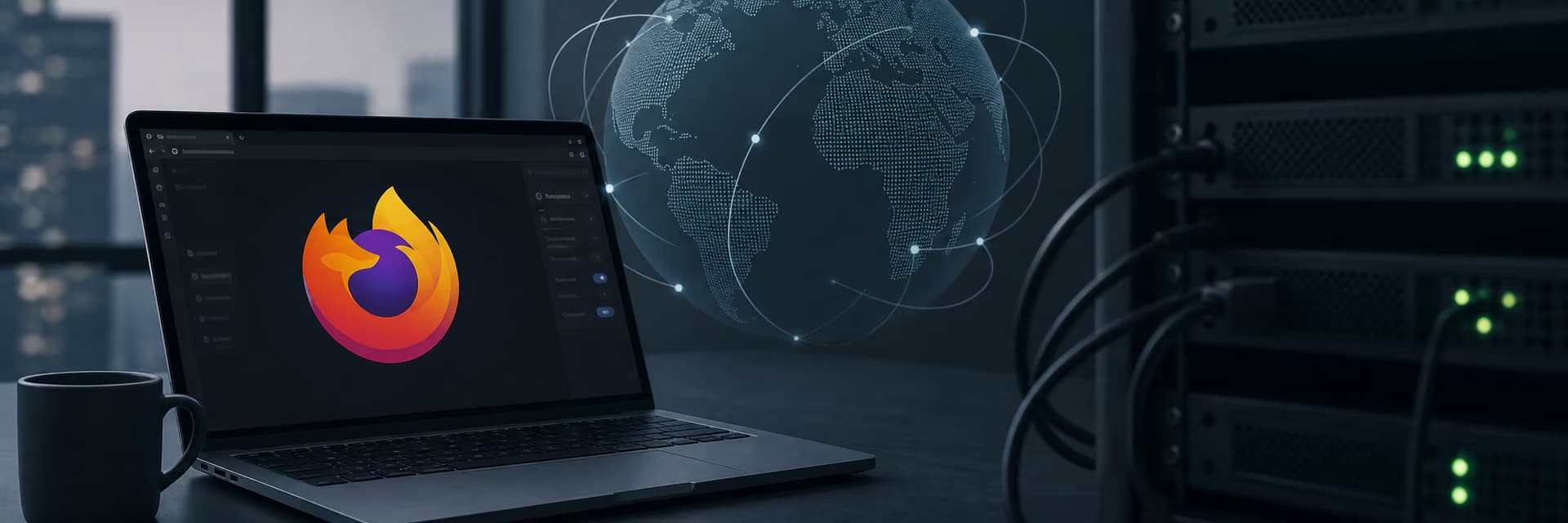 Ноутбук с логотипом Firefox на фоне глобуса и соединений в темной комнате.
