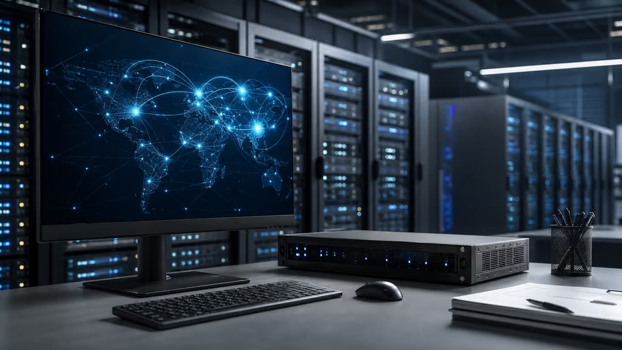 Компьютер с монитором отображает карту мира с сетевыми соединениями в серверной.