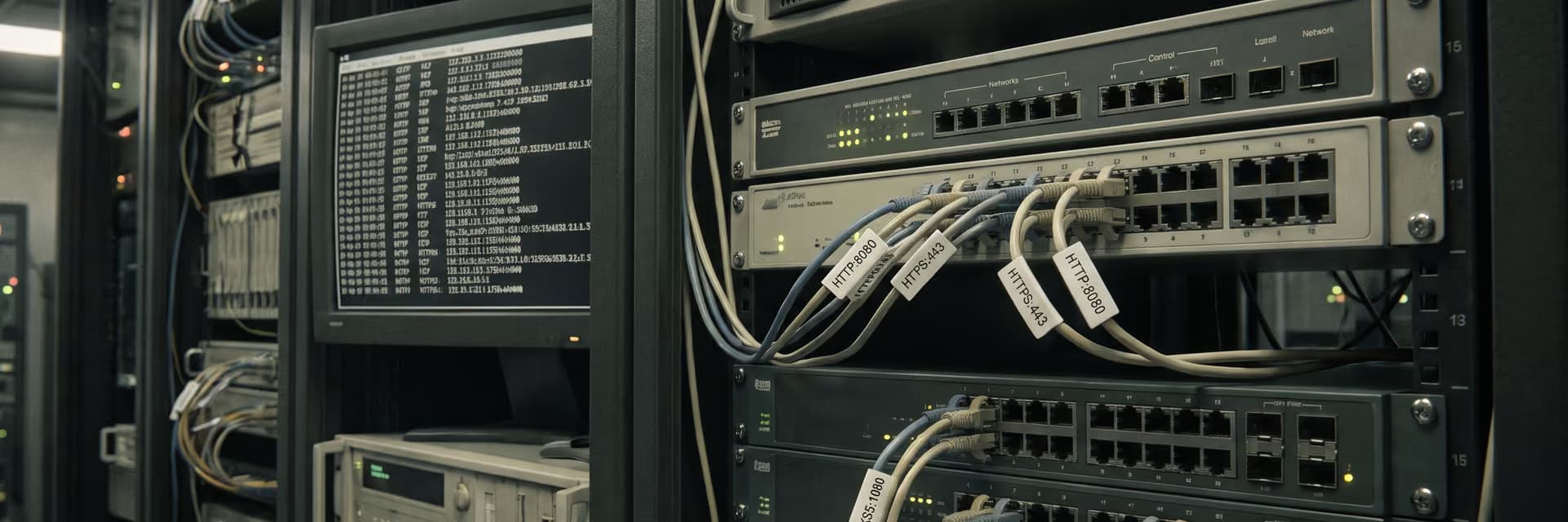 Серверный сто rack с сетевыми переключателями и кабелями, подключенными к различным устройствам.