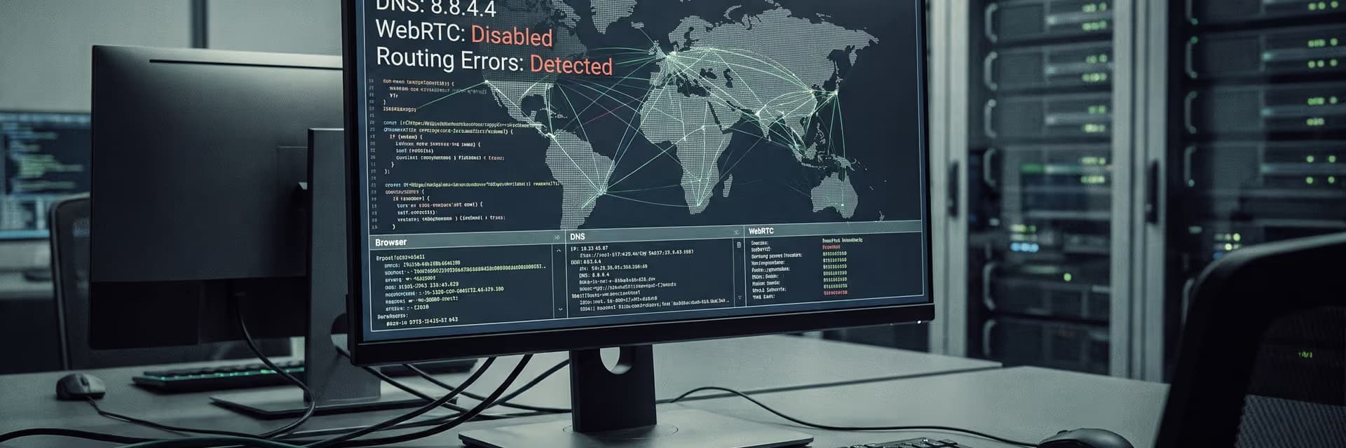 Монитор с отображением сетевой информации, включая IP, DNS и ошибки маршрутизации.