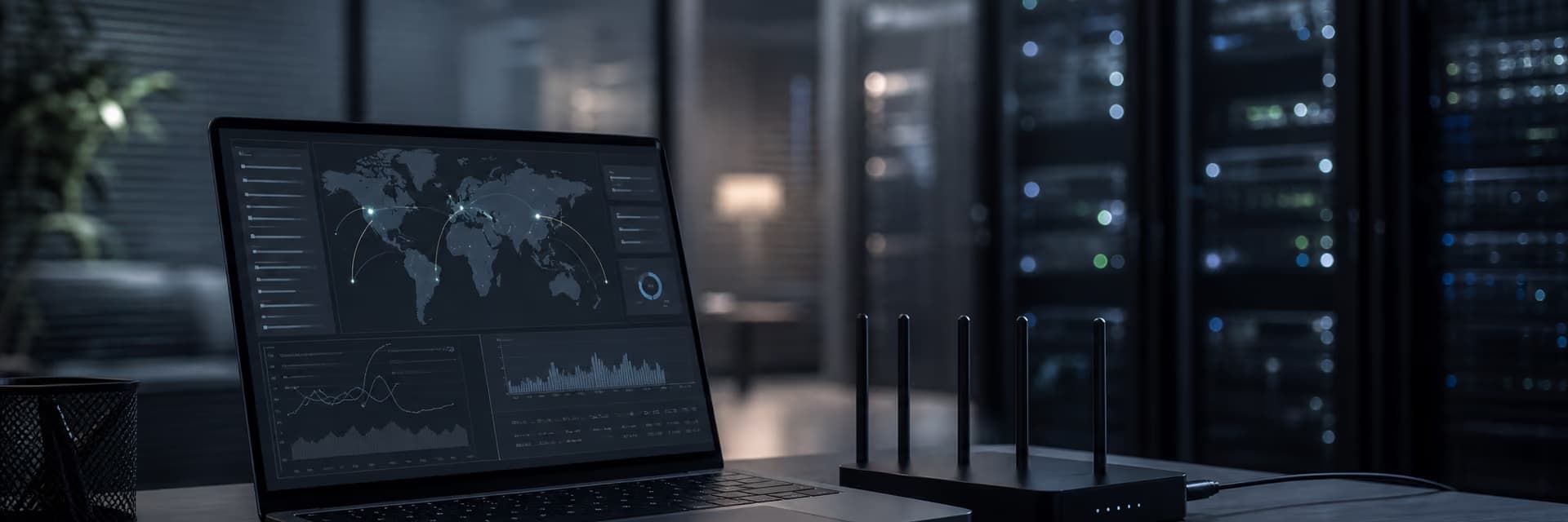 Ноутбук с графиками и картой мира рядом с роутером и смартфоном в серверной комнате.