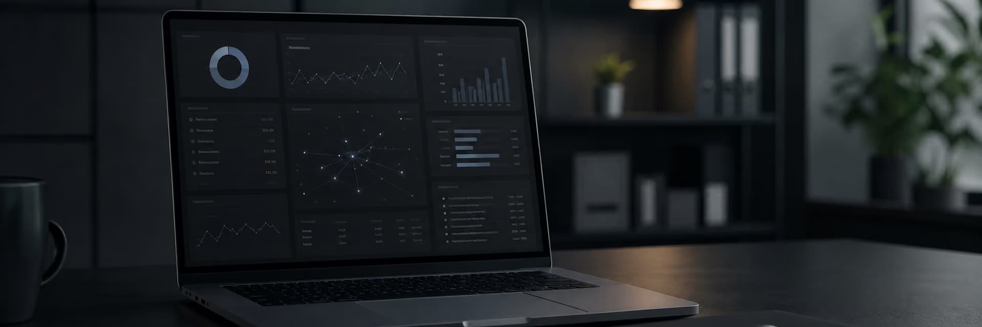 Ноутбук с интерфейсом аналитической панели на темном фоне и офисным пространством.