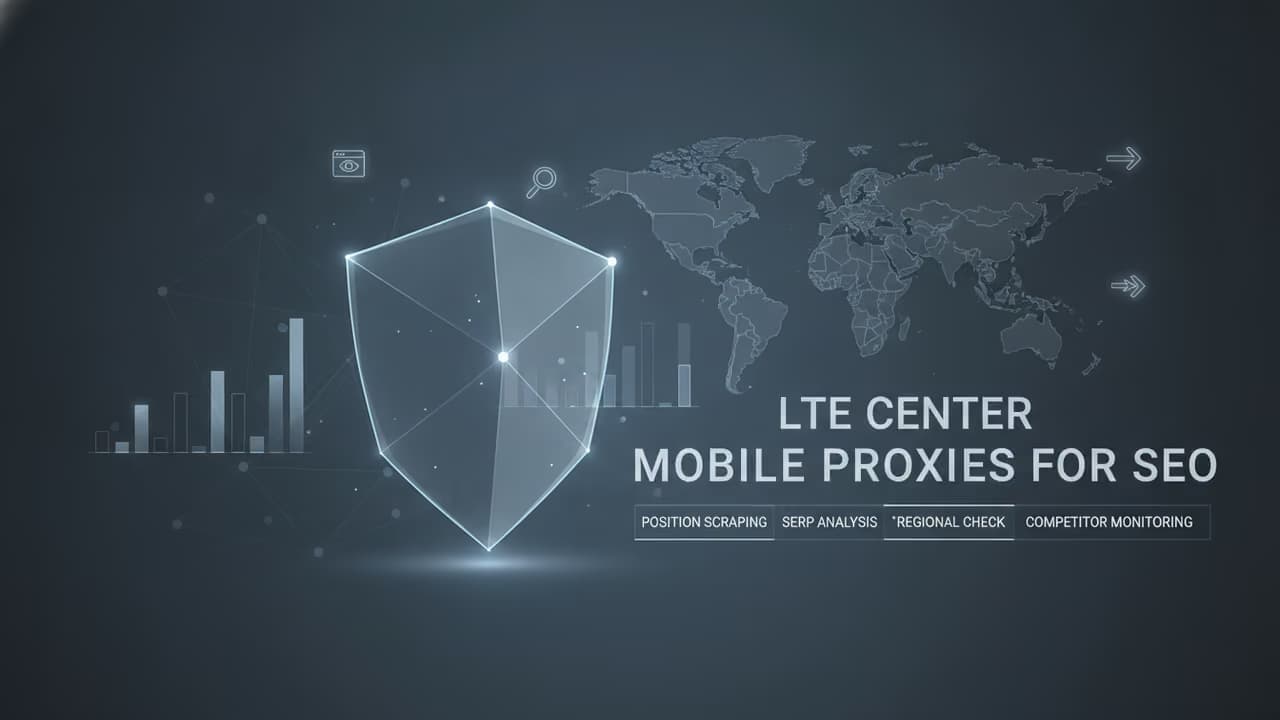 Графическое изображение щита с надписью 'LTE CENTER MOBILE PROXIES' и картой мира на фоне.