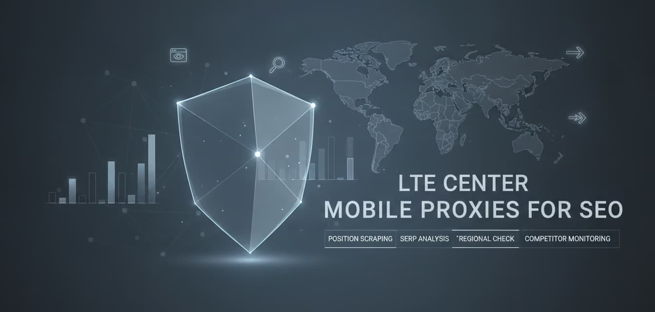Графическое изображение щита с надписью 'LTE CENTER MOBILE PROXIES' и картой мира на фоне.